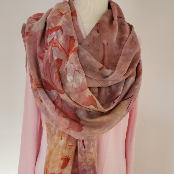 NEW XL merino wool oversized scarf wrap flower painted red pink blue brown gray - Picture 4 of 15